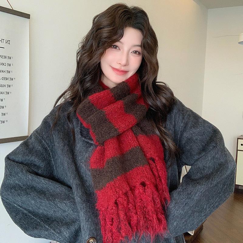 Korean Atmosphere Knitted Scarf Women's Winter Versatile Velvet Thickened Warm and Cold-proof Retro Fringed Wool Scarf