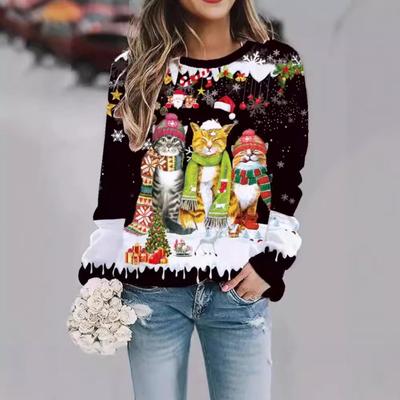 Damen Weihnachtspullover mit Katzen-Print und Rundhalsausschnitt, langärmelig, lockerer und modischer Kapuzenpullover, Pullover & Langarmshirts (Damen)