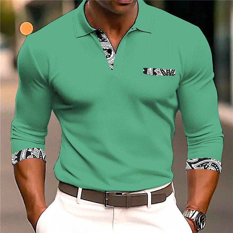 Trendy Long-sleeve Polo with Decorative Prints, Casual Wear.