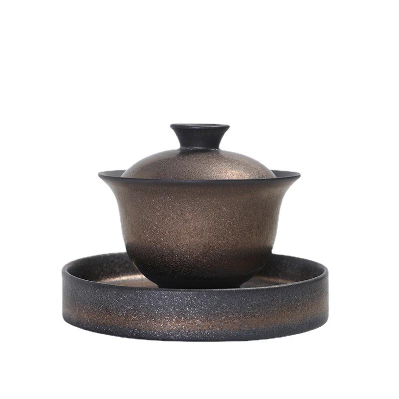 Imitation Wood-Fired Gaiwan Tea Set: Retro Old Rock Mud Three-Piece Kung Fu Tea Cup and Bowl with Free Shipping