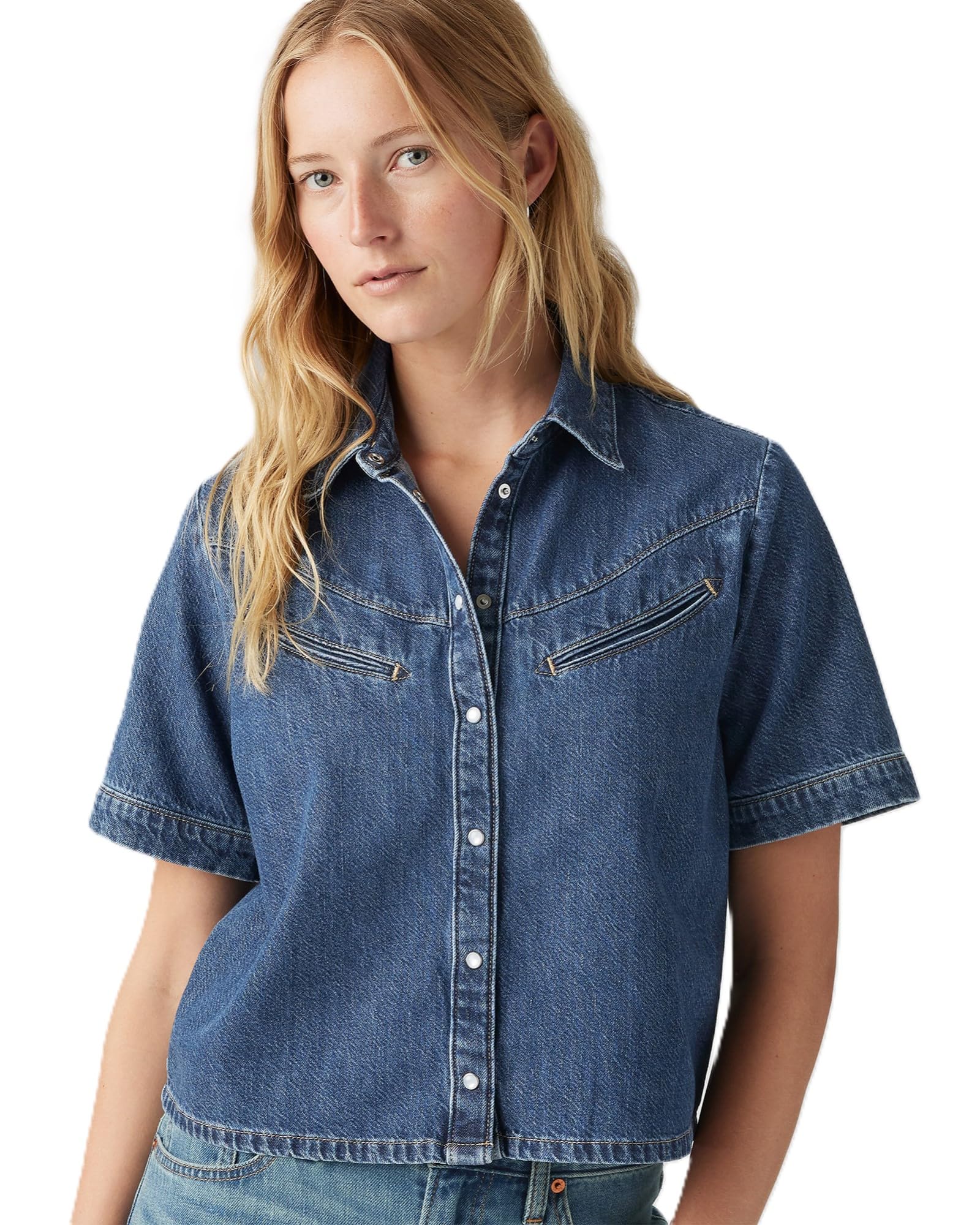 Levi s Denim Shirt RINOA Camp Shirt Western Style Short Sleeve Women s 001SL-0001 US M