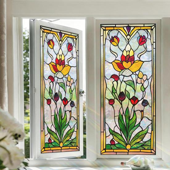 Vintage Window Privacy Film Geometric Stained Glass Flower Decorative Frosted Static Cling Reusable UV Sun Blocking Glass Sticker