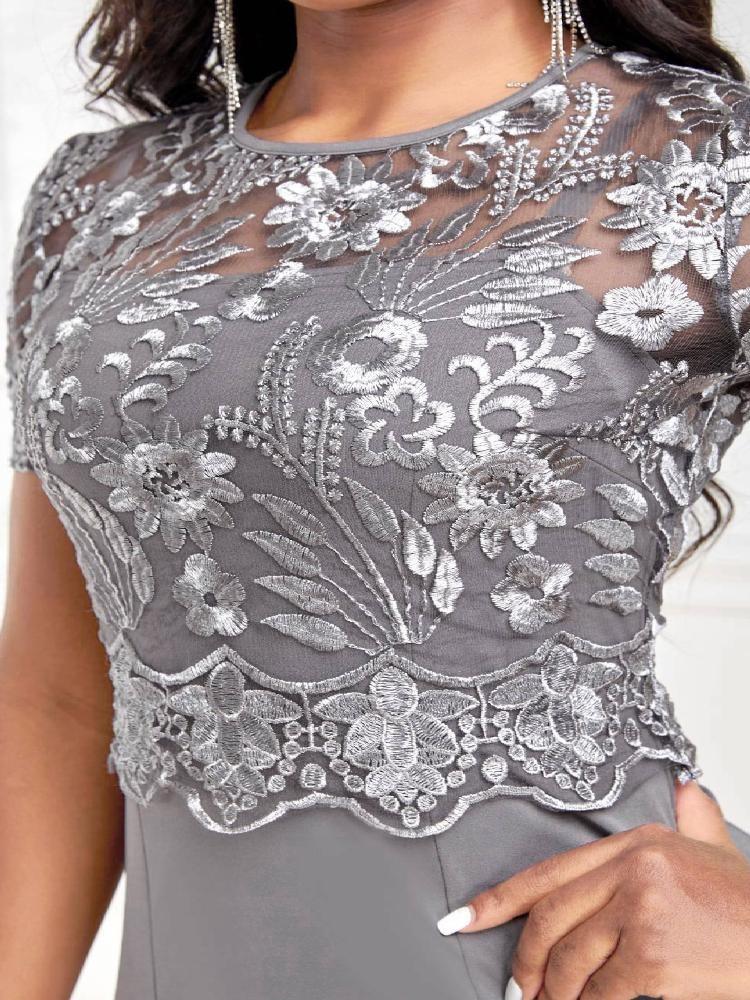 Elegant Plus Size Party Dress Women Lace Splice High Waist Fishtail Dress Sexy Round Neck Short Sleeve