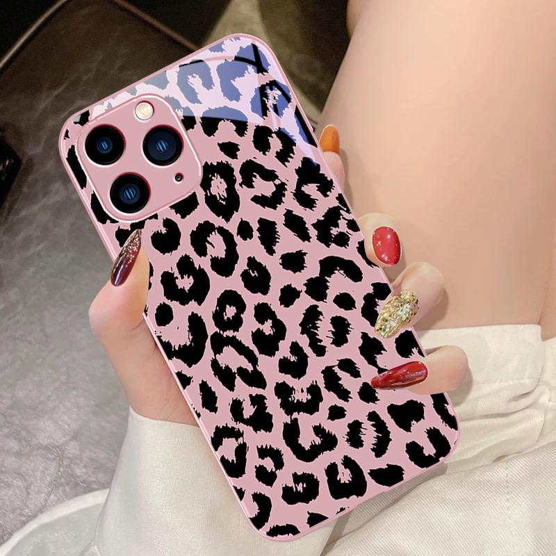 Green Tempered Glass Phone Case For IPhone 15 Pro 14 13 12 Mini 11 XS Max XR 7 8 Plu SE 2020 2022 Black Leopard Print Blue