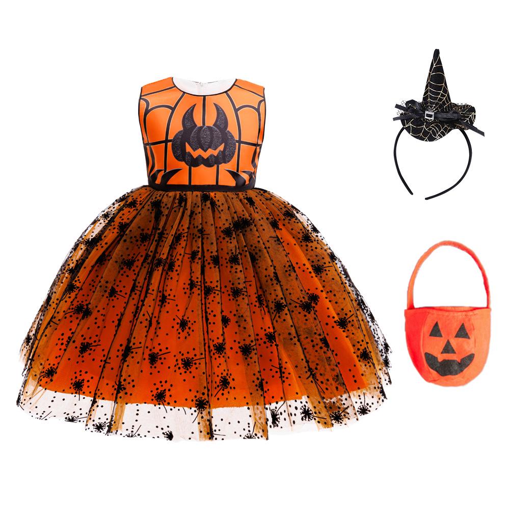 Girls' Halloween Pumpkin Party Dress - One-Piece Costume with Print