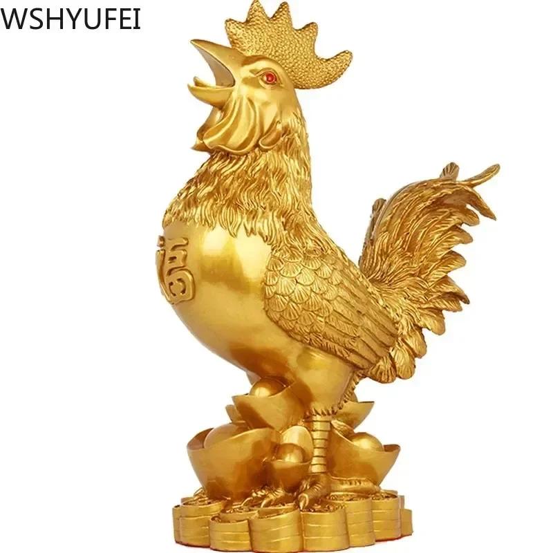 WSHYUFEI Golden Chicken Decoration Gold Plating Lucky Cock Resin Statue Living Room TV Cabinet Figurines Chinese Decorations