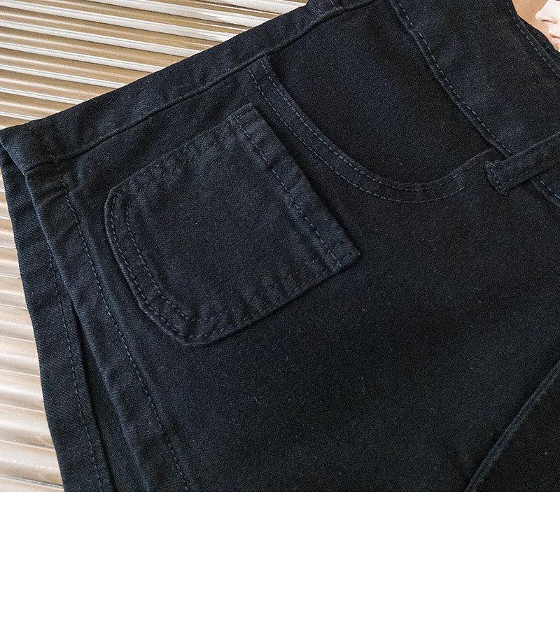 Hot Pants Neri in Denim a Vita Alta Stile Spicy da Ragazza - Pantaloncini Estivi Elasticizzati da Donna, Gamba Dritta, Design Versatile.