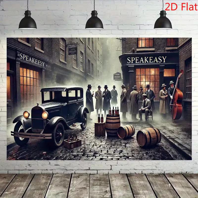 2D Speakeasy Bar Backdrop, Retro 1920s Gangster Car & Whiskey Barrel Background for Party Decor