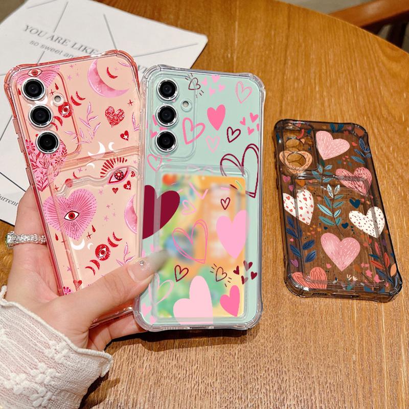 Pink Love Heart Leaves Print Clear Phone Case For Samsung Galaxy S26 S25 S24 S23 S22 Ultra S25 Edge S24 FE Card Bag Wallet Cover