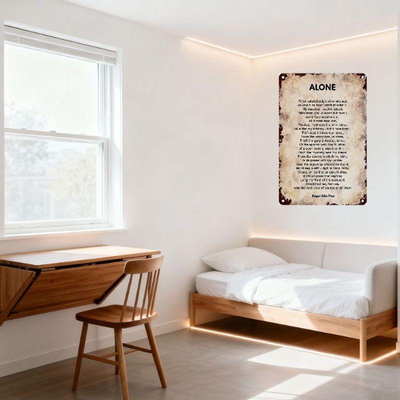 Vintage Edgar Allan Poe 'Alone' Poem Rusty Metal Tin Sign Distressed Aged Wall Plaque for Home Office Man Cave Bar Decor