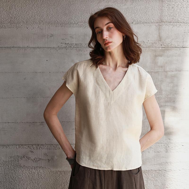 Exclusive for V-neck tops for women's front short and rear long solid color pure linen versatile short sleeves t