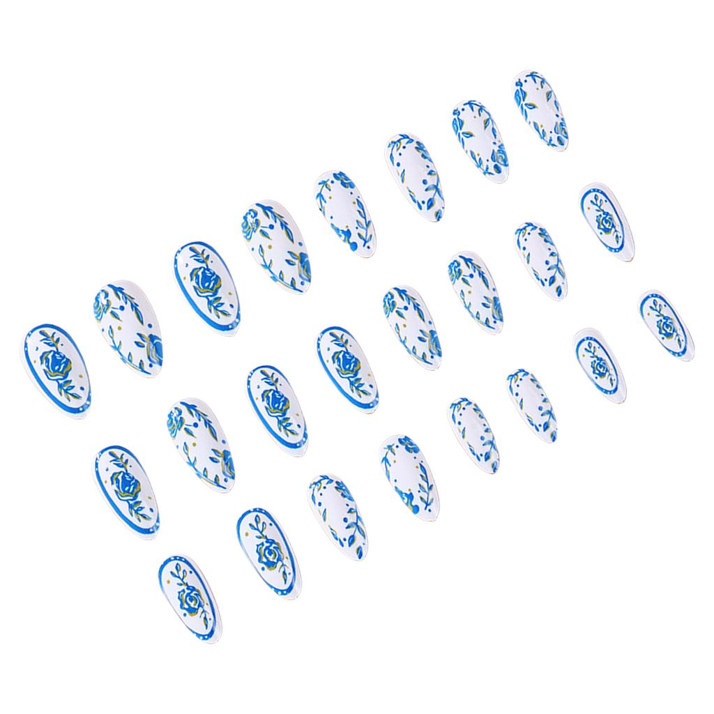 White Press On Nails with Blue Flower Print Chip-Proof Smudge-Proof Fake Nails for Shopping Traveling Dating
