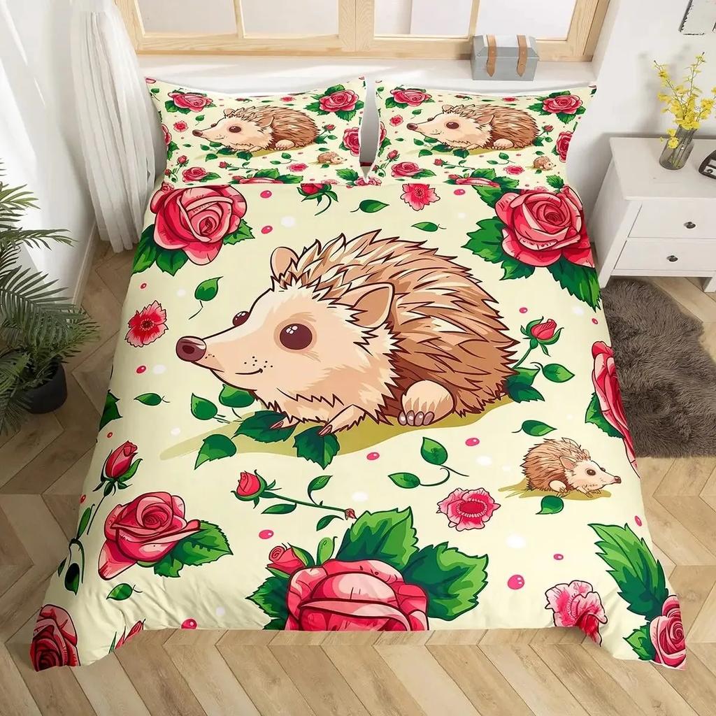 Cartoon Igel Bettbezug Queen Aquarell Batik Boho Bettwäsche-Set, Wildtiere Blumen Bettdeckenbezug Floraler Quiltbezug