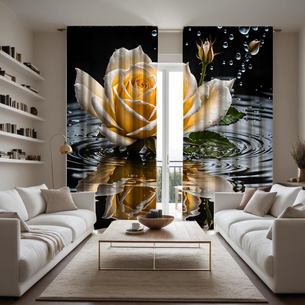 2 Stück HD Wasserrose Dekoschals Gelb digital bedruckte Vorhänge Heimdekorationsstil Dekoration Wohnzimmer Schlafzi