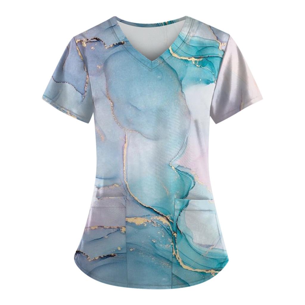 Dámská módní pracovní uniforma s potištěným tričkem a krátkým rukávem