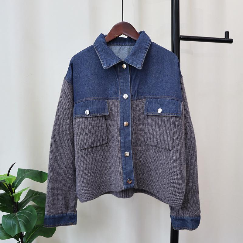 Autumn and Winter New Splicing Denim Knitted Cardigan Short Loose and Versatile Design Sweater Jacket Women