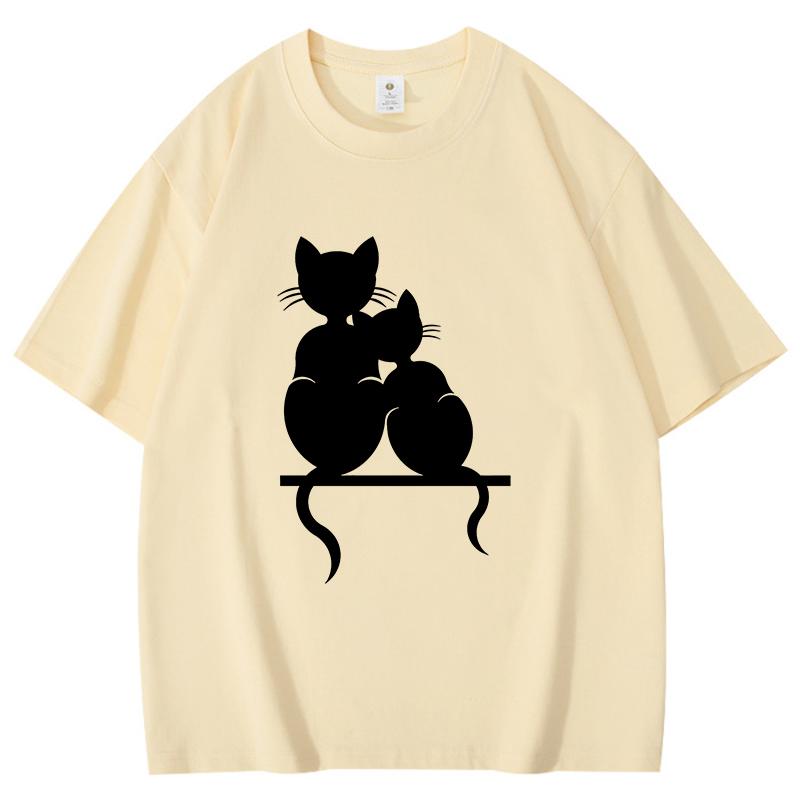 Cat Cuddling Together Pattern Unisex Women Cotton TShirt Fashion Short Sleeve Casual Summer Street Simple Loose Tops Neutral Tees
