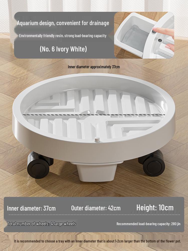 Tempered Mobile Flower Pot Tray with Wheels and Drawer – Round Base, Water-Receiving Tray for Potted Plants