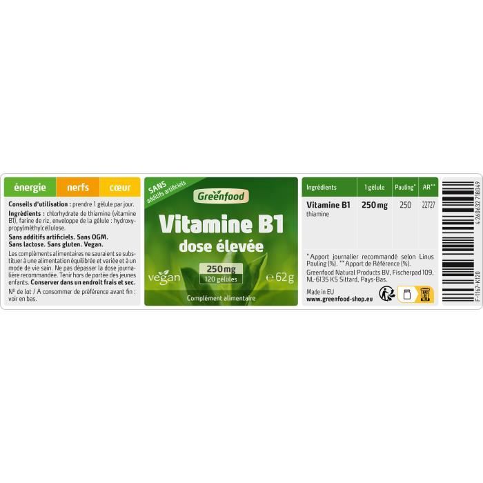 Greenfood vitamine b1, 250 mg, 120 gélules, dose élevée, pour un métabolisme énergétique normal. vegan.