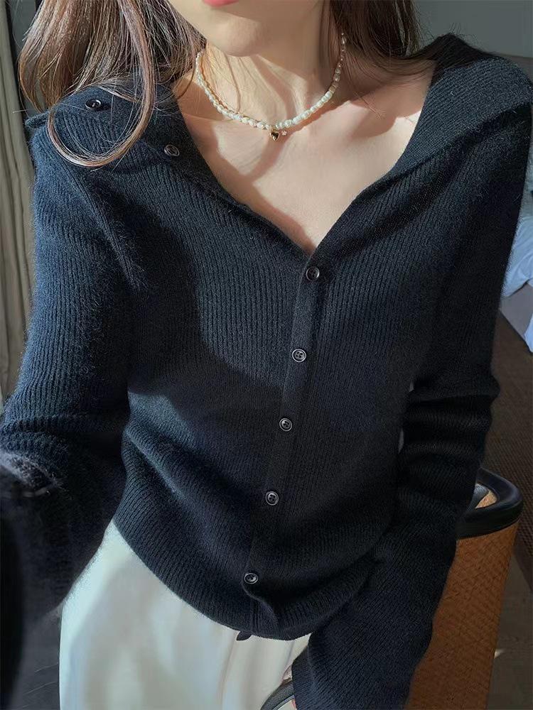 Women's Elegant Navy Collar Pure Wool Knit Cardigan Sweater