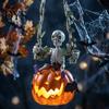 Window Display Accessory Swing Skeleton with Lighted Pumpkin, Light-up Ornament, Halloween Figurine Hanging Statue for Indoor Front Porch Decor Creepy