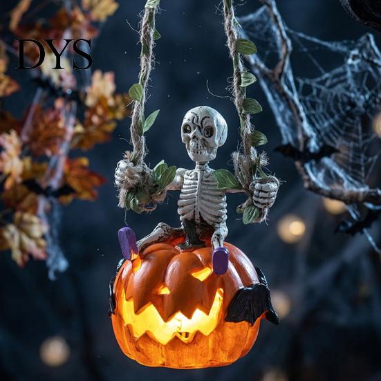 Window Display Accessory Swing Skeleton with Lighted Pumpkin, Light-up Ornament, Halloween Figurine Hanging Statue for Indoor Front Porch Decor Creepy