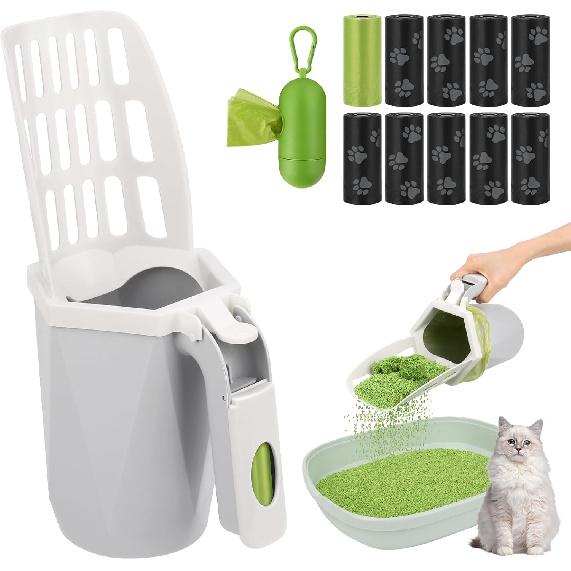MYPIN Cat Litter Scooper with Holder, Cat Litter Shovel with Waste Can and Refill 195 Bags, Large Capacity Cat Scooper Portable Litter Shovel, Cat