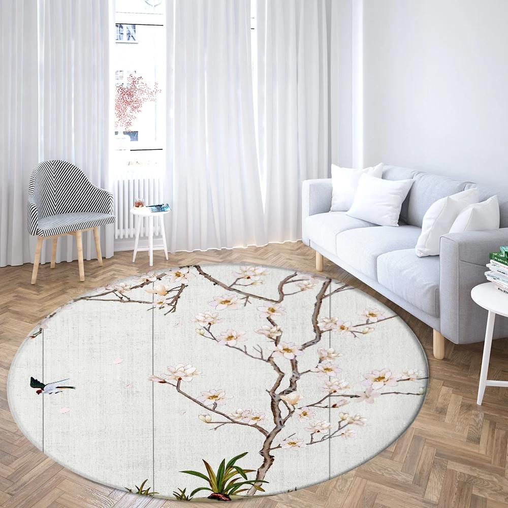 Flower and Bird Illustration Round Rug Pink Peach Blossom Carpet for Living Room Bedroom Floral Chair Rugs Non-slip Floor Mat