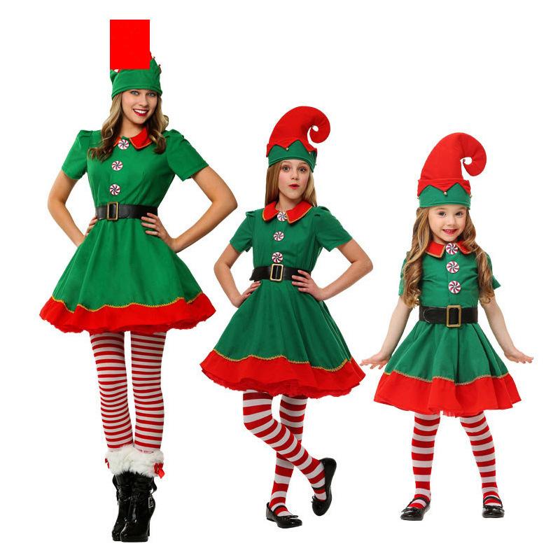 Girls Boys Christmas Santa Claus Costume Green Elf Cosplay Family Carnival Party Halloween Fancy Dress Clothes Set For Men Women