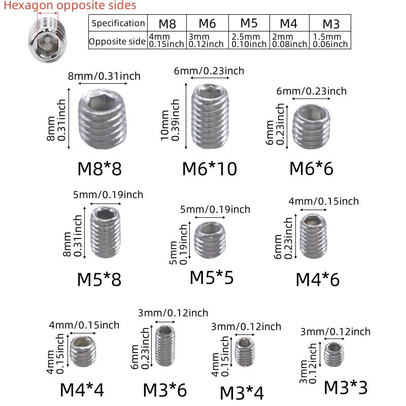 100/200pcs 304 Stainless Steel Hex Socket Socket Set Flat End Set Screw