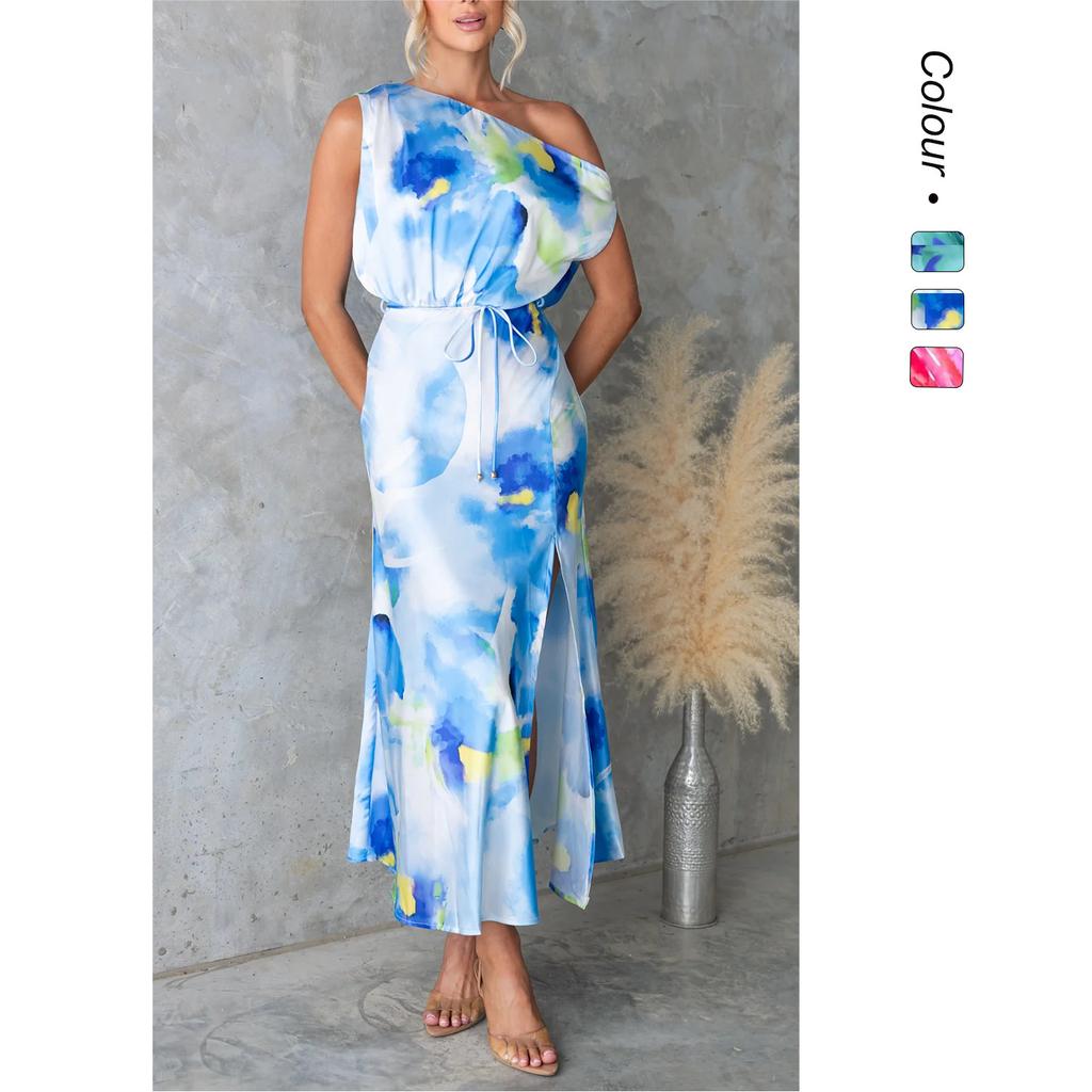 A Summer Women's Dress with A Slit and Sleeveless Print At The Bottom