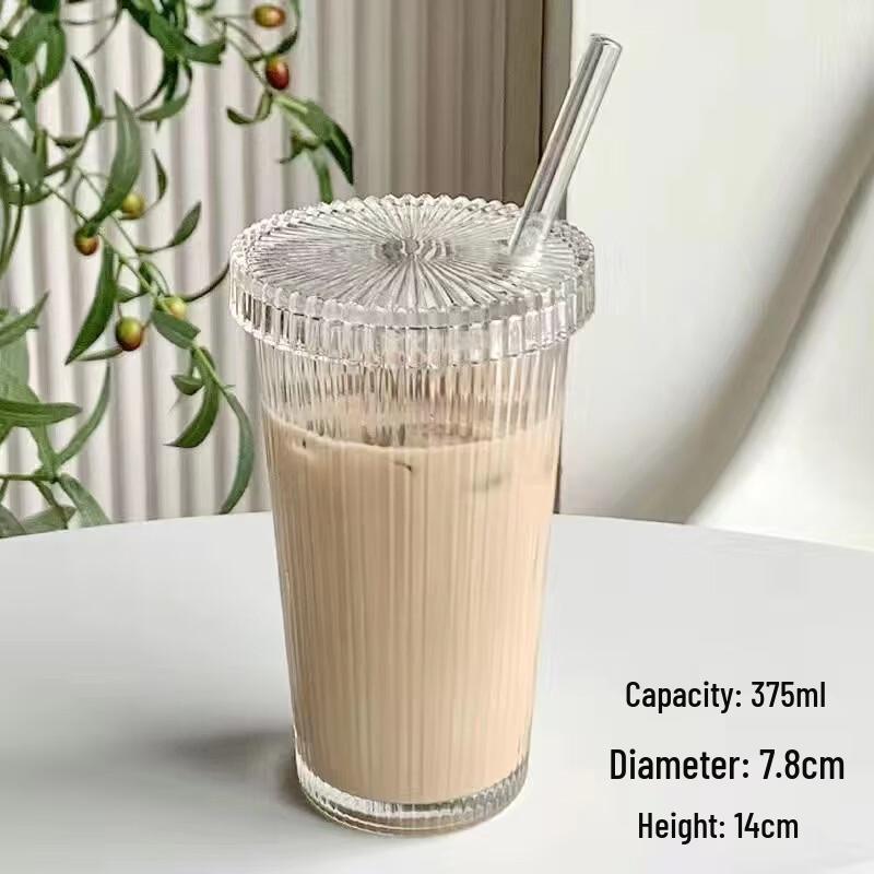 Vertical Ribbed Glass Cup with Lid and Straw