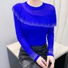Spring Autumn Women's Ruffles Hotfix Rhinestone T-Shirt Elegant Full Sleeve O-neck Tees Slim Ladies Tops