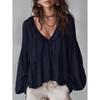 2026 Spring and Autumn Casual Sweet Ruffled Puff Sleeve Pleated Shirt Women's V-Neck Top