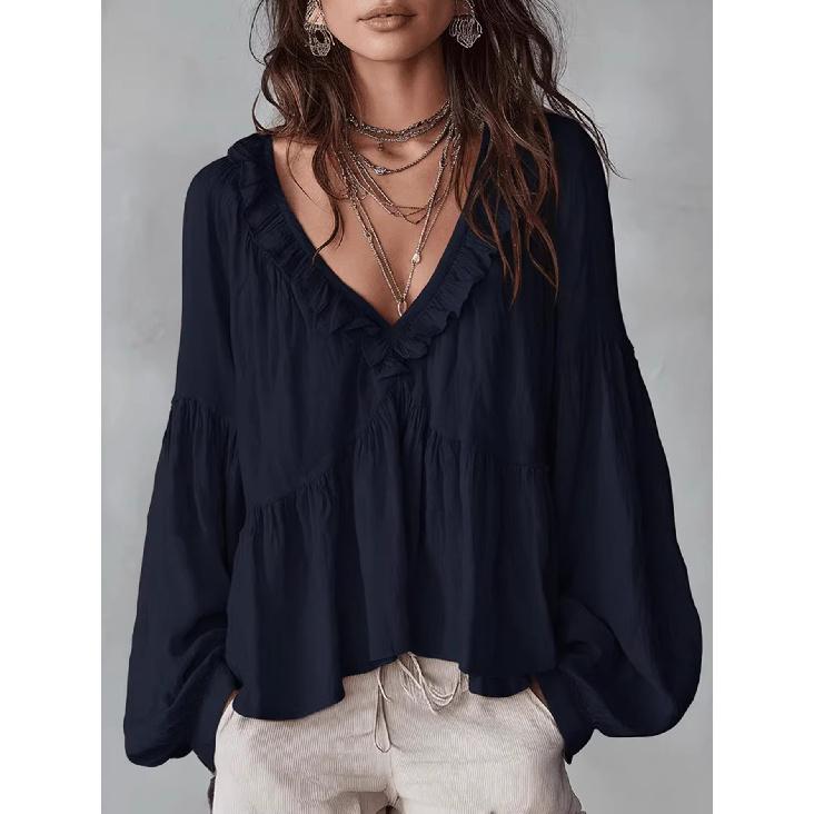 2026 Spring and Autumn Casual Sweet Ruffled Puff Sleeve Pleated Shirt Women's V-Neck Top