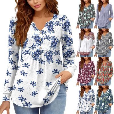 Camiseta Feminina Relaxada, Gola V, Cor Vintage, Bloqueada com Estampa Floral, Manga Longa, Pulôver