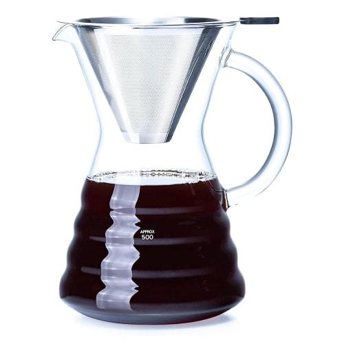 Pokaro Tea Coffee Server, Heat-Resistant Glass, 500ml, No Paper Coffee Filter Required, Stylish Drip Coffee Server with Reusable Stainless Steel Filte