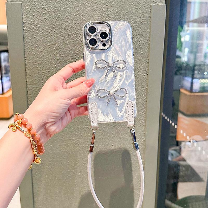 

Light Luxury Rhinestone Bow Tie Mobile Phone Case For Apple 17 Butterfly Iphone16Promax Lanyard 15 Anti-Drop Women S Models iPhone 11