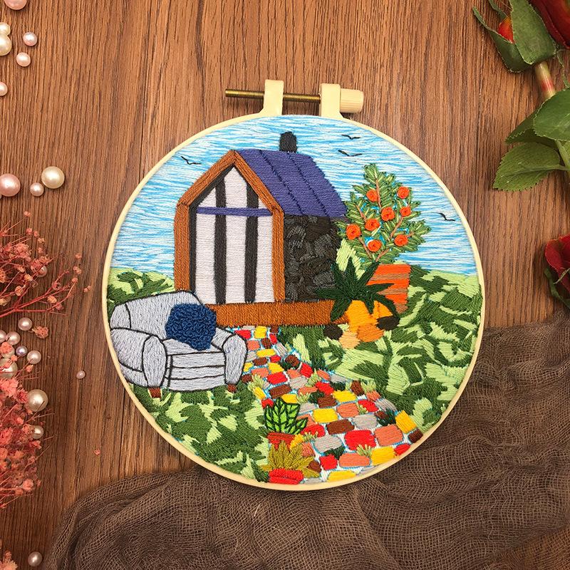 Landscape Handmade DIY Embroidery Kit Full Range of Stamped Cross Stitch Kit Embroidery Material Bag Include Bamboo Hoops Thread