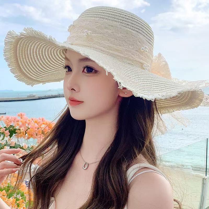 New bow lace straw hat women's summer seaside beach vacation sun hat large brim sun protection hat