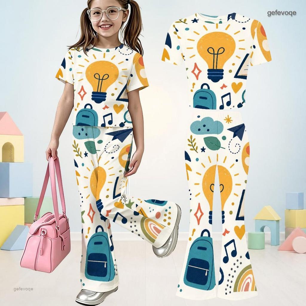 Girls Round Neck Short Sleeve Printed Top And Flared Pants Two Piece Set