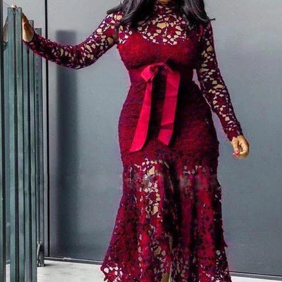 New Women's Outwear Dress Wish Lace Hollow Long Sleeve Stand Collar Tie Waist 5 Colors Irregular Dress