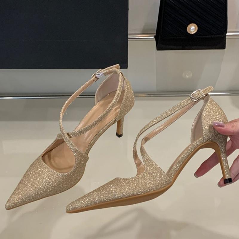 Eilyken Paillettenstoff Pumps für Damen mit spitzer Zehenpartie, elegantem Schnallenriemen und dünnen hohen Absätzen, Party Ball Mules Schuhe