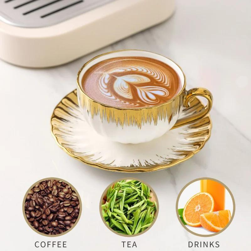 3-piece Set, Ceramic Cup with Sauce, Espresso Cup and Sauce, Ceramic Coffee Cup and Gold Jewelry Sauce Set, 2.5-ounce Demitas