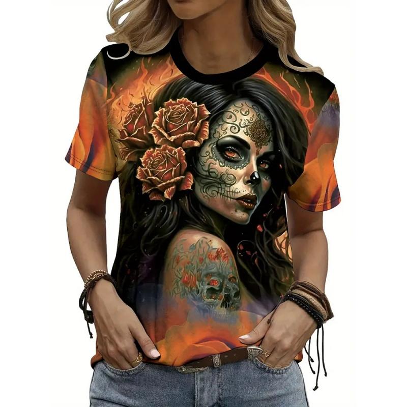 Skeleton Flower Pattern T-Shirt Women 3D Printed Short Sleeves Summer Loose O-Neck Casual Comfortable Fashionable T-shirt