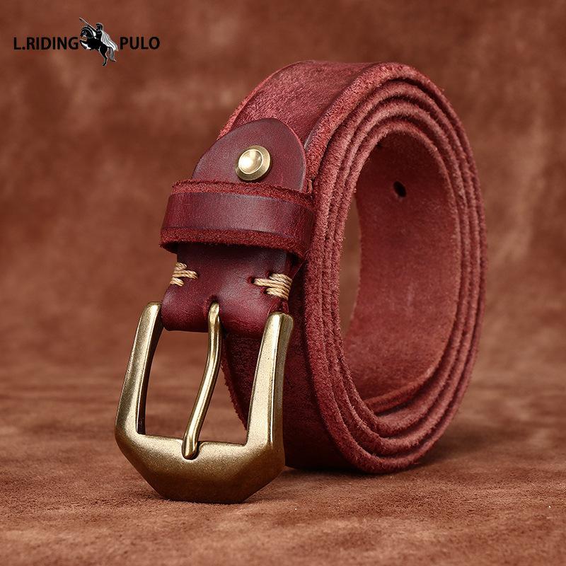 Thickened Genuine Leather Top Layer Cowhide Belt Men's Copper Buckle Rough Edge Fur Bottom Retro Washed Belt
