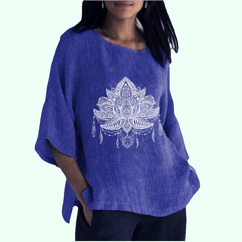 

Женская мода больших размеров, топ с длинным рукавом 3/4, хлопково-льняные блузки с круглым вырезом, женская повседневная летняя и осенняя тонкая длинная рубашка с принтом XXXL синий