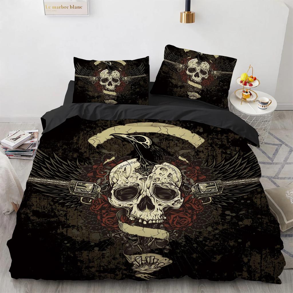 Set Biancheria da Letto Teschio Cappello Nero Misura Queen Set Copripiumino Halloween Stile Moderno Set Biancheria da Letto Camera da Letto Copripiumino Federe