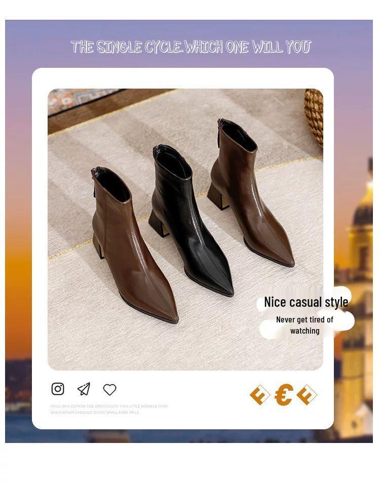 2025 Autumn/Winter French Retro Pointed Chunky Heel Chelsea Ankle Boots