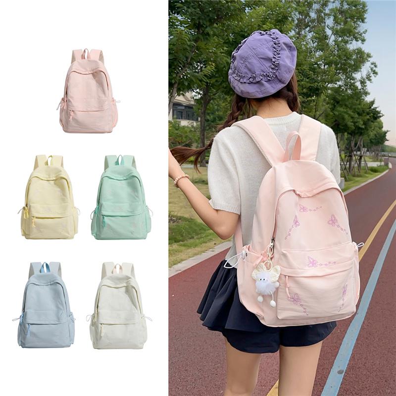 Cute Butterfly Embroidered School Backpack with Front Pocket Casual Daypack for Girls Daily Use